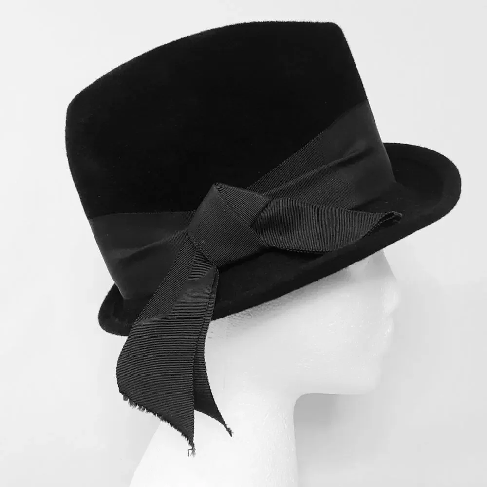 💎Le Charme Black Wool Felt Cloche Hat Asymmetrical Brim Large Side Bow